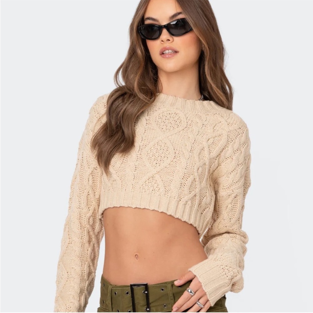 Edikted Beige Cable Knit Cropped Sweater XS EUC